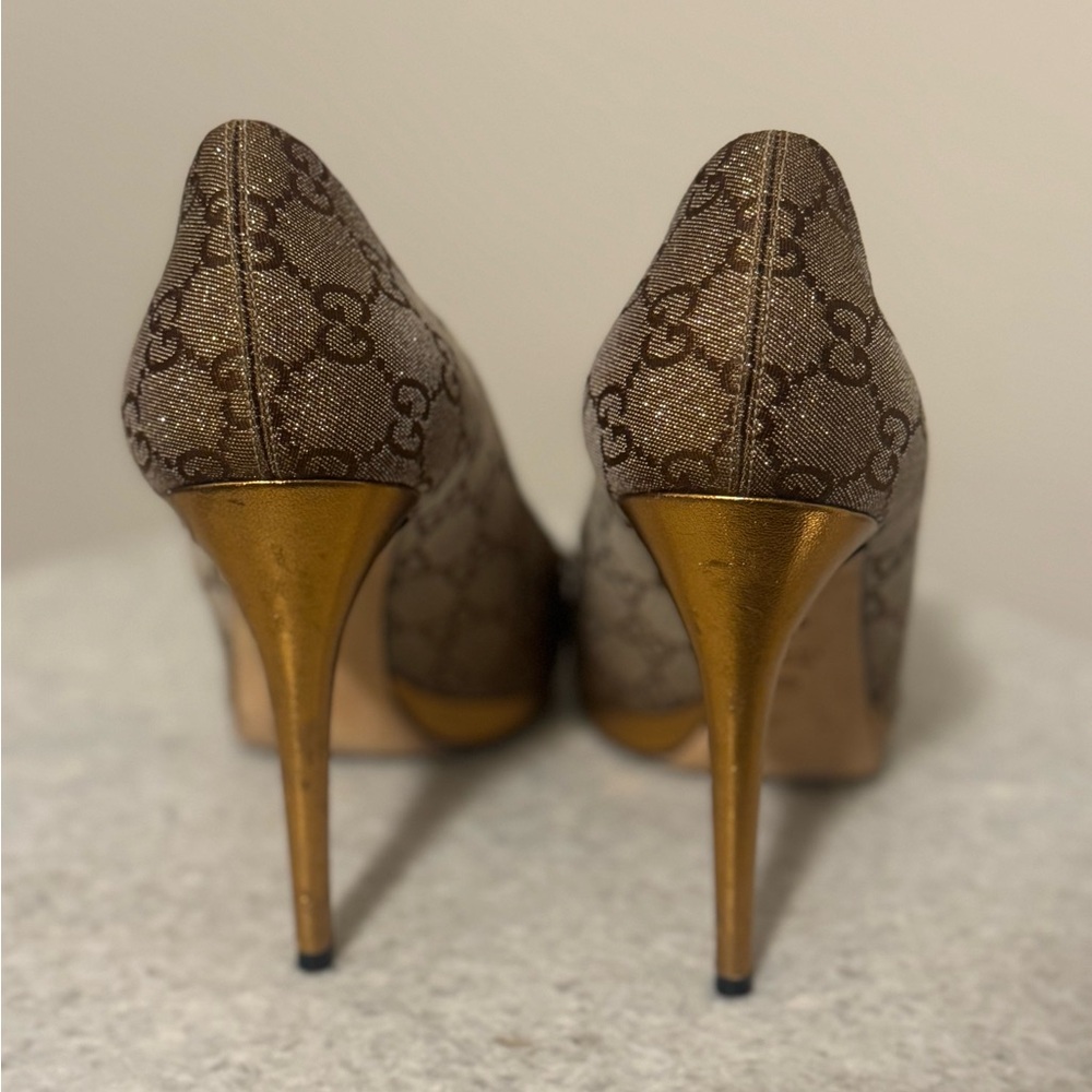 Gucci Brown and Gold Patterned Heels - Picture 3 of 4
